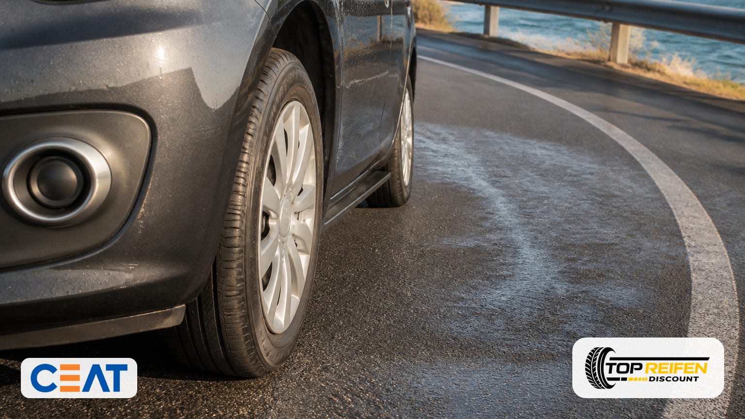Hochwinkel-Aufnahme eines Kleinwagens in einer Linkskurve: Der CEAT ECODRI 155/65 R13 zeigt klaren Kontakt zur sonnenwarmen, leicht feuchten Asphaltoberfläche.